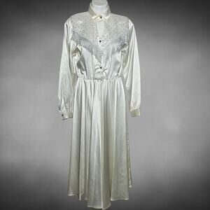 Circle T Vintage Ivory Acetate Satin Western Fringe Dress, sz 9/10